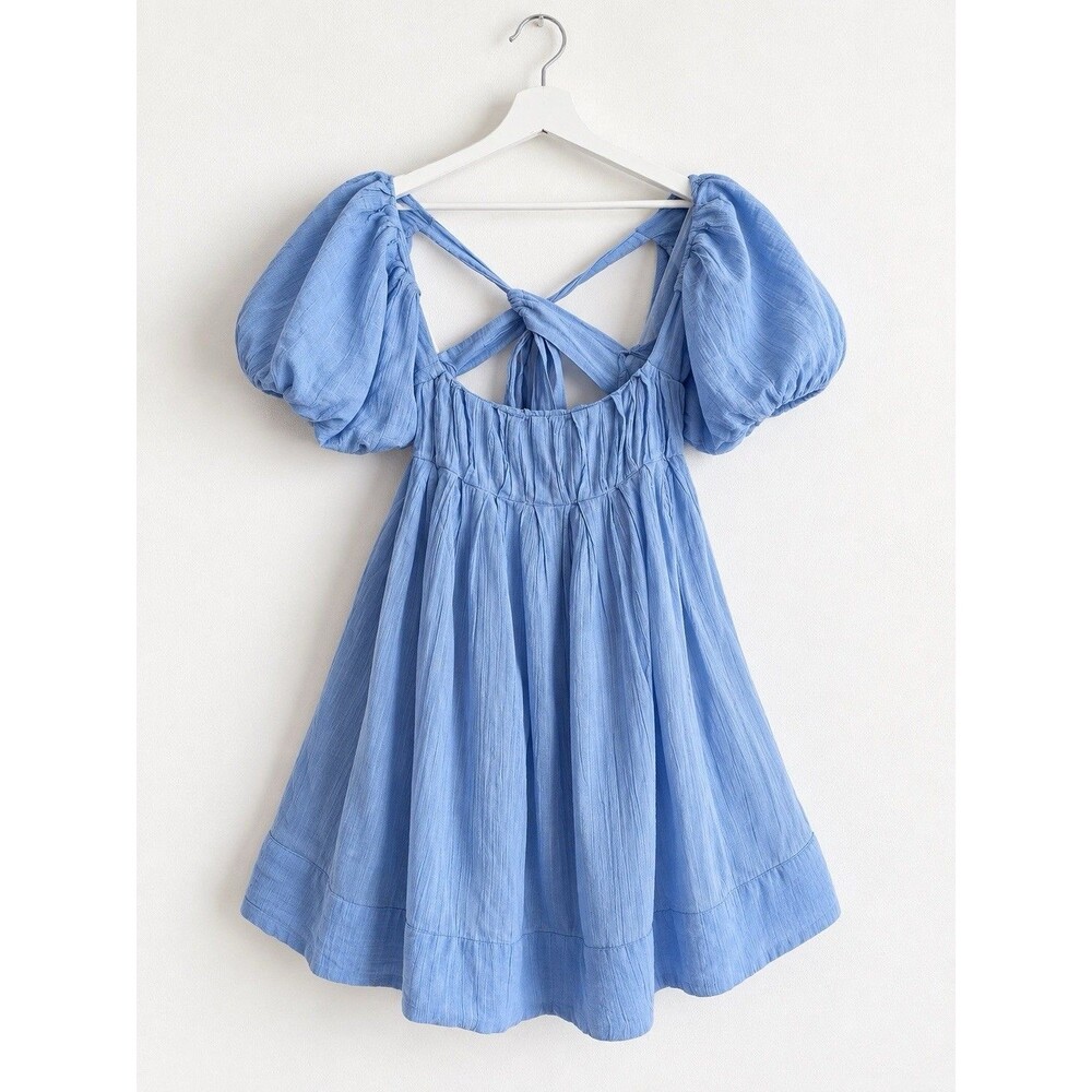 Free People Blue Babydoll Mini Dress Puff Sleeve Open Back Tie Boho Women